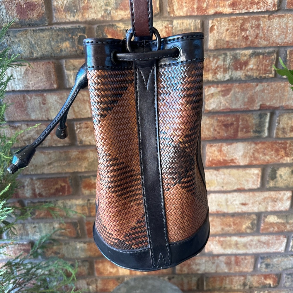 Woven Leather Drawstring Bucket Bag Brown Black Shoulder Bag Handbag Basket - Picture 7 of 10